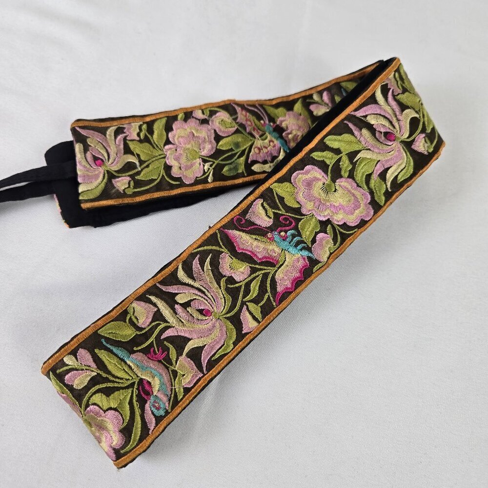 Colorful Floral Butterfly Bird Embroidered Tie Waist Belt Fun Whimsical Boho - Picture 7 of 9